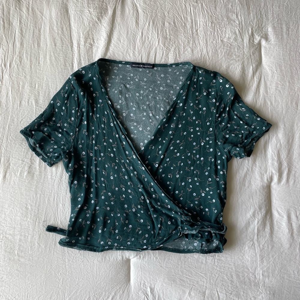 Brandy Melville Green floral wrap top